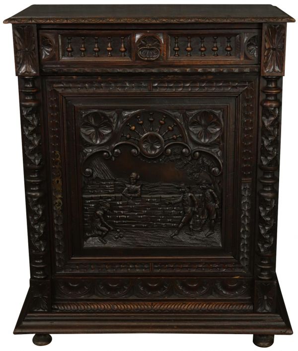 Nightstand Antique Brittany 1890 Carved Chestnut French Boules Game Players