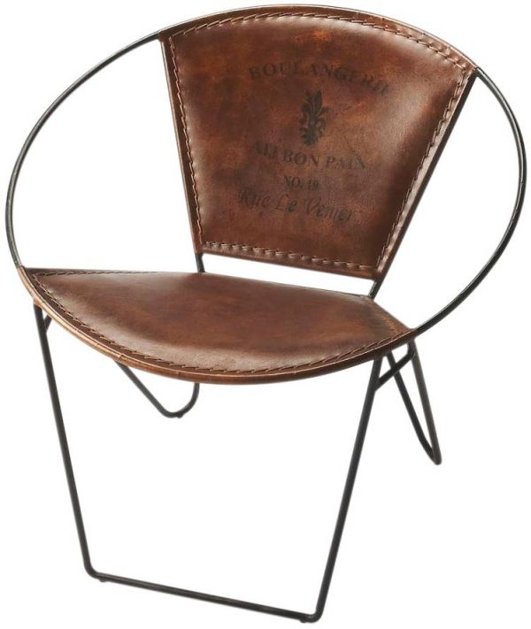 Occasional Chair Modern Contemporary Distressed Brown Leather Wrought Iron