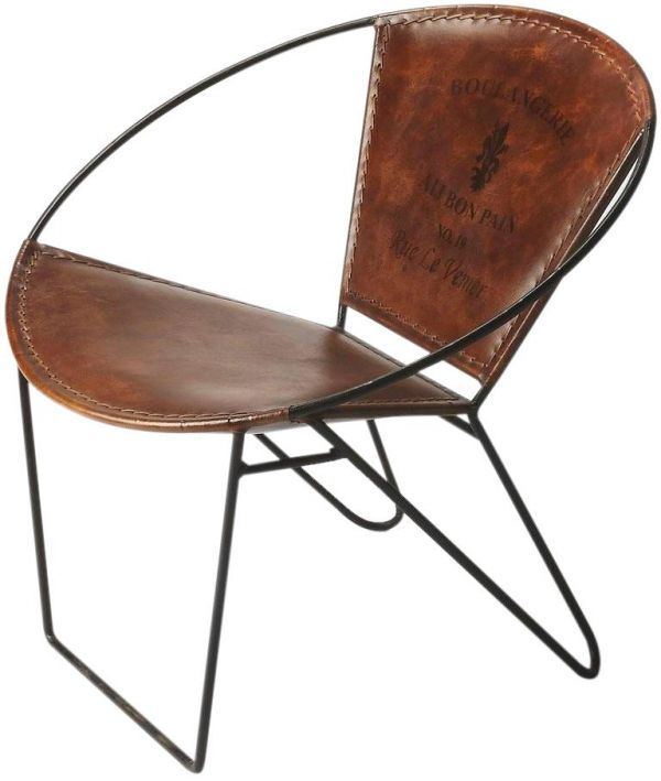 Occasional Chair Modern Contemporary Distressed Brown Leather Wrought Iron