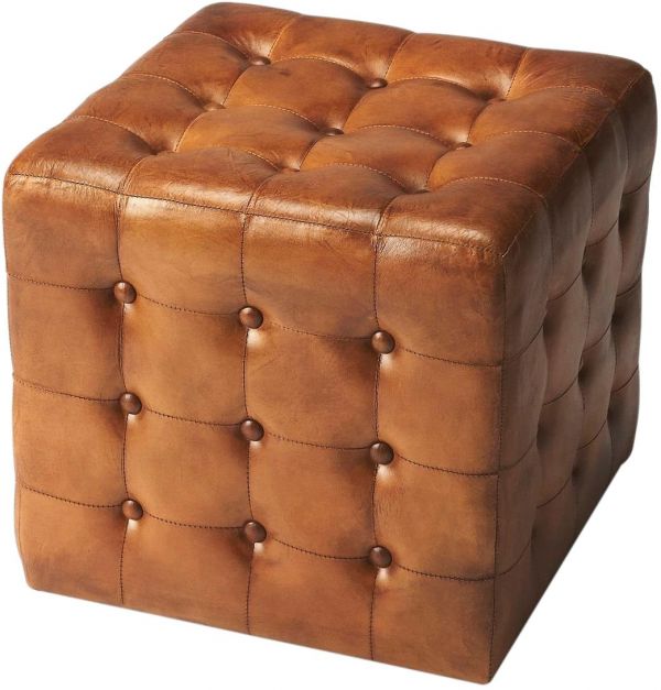 Ottoman Contemporary Cube Distressed Brown Leather Foam Tabacco Wood Dacron