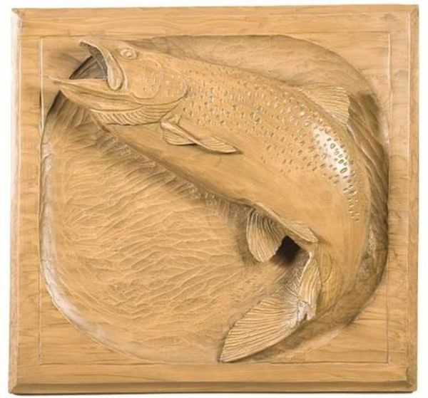 Plaque MOUNTAIN Rustic Jumping Rainbow Trout Fish Beige Resin Hand-Painted