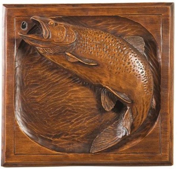 Plaque MOUNTAIN Rustic Jumping Rainbow Trout Fish Coffee Brown Resin