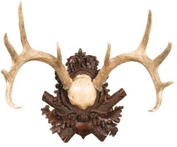 Plaque MOUNTAIN Rustic Whitetail Deer Anters White Black Brass Cream Pine Gray