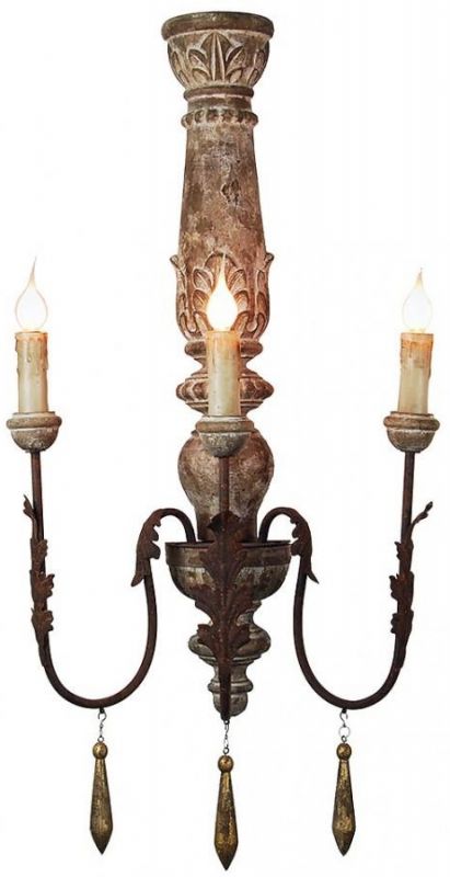 Sconce Light Wall Decorative Drops 3-Arm Oxidized Metal Distressed Antique