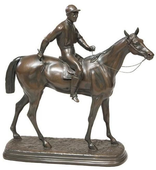 Sculpture EQUESTRIAN Traditional Antique Horse Jockey Paddock Post Time