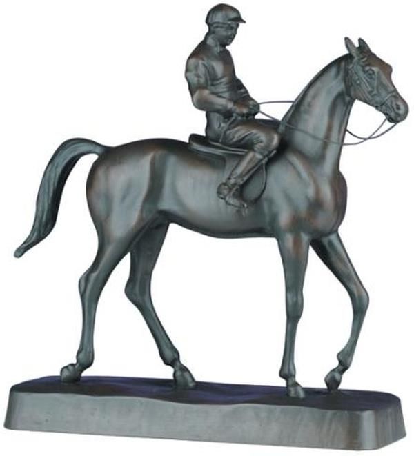 Sculpture EQUESTRIAN Traditional Antique Jockey and His Mount Ebony Black Resin