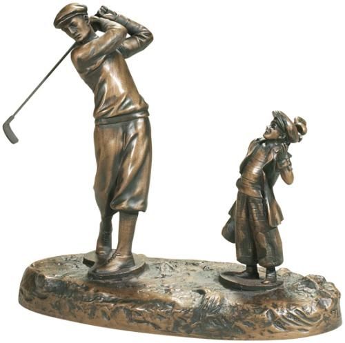 Sculpture GOLF Traditional Antique Golfer and Caddy Brass Hammered Resin