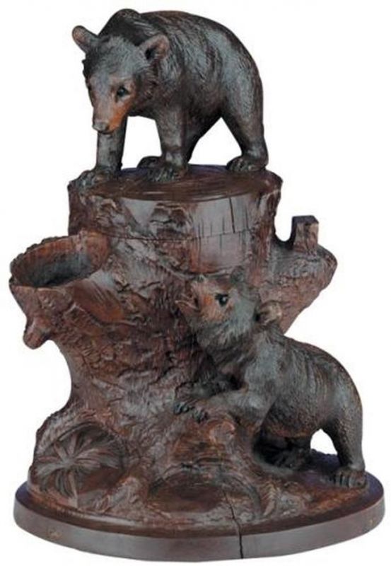 Sculpture MOUNTAIN Rustic Forest Bears Tree Stump Lidded Oxblood Red Resin