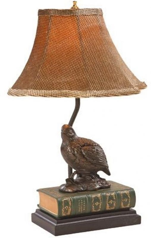 Sculpture Table Lamp Quail on Poetry Book Chocolate Brown Linen Shade Cast