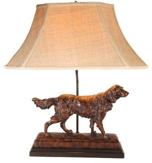 Sculpture Table Lamp Setter Dog Hand Painted USA Made OK Casting Linen Shade