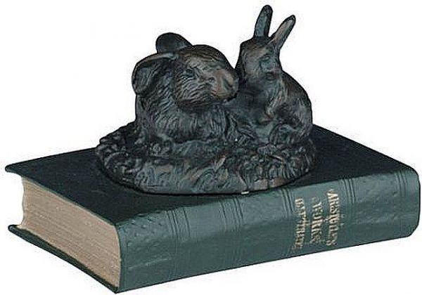 Sculpture Traditional Antique Mother Rabbit and Her Young on Book Cast Resin