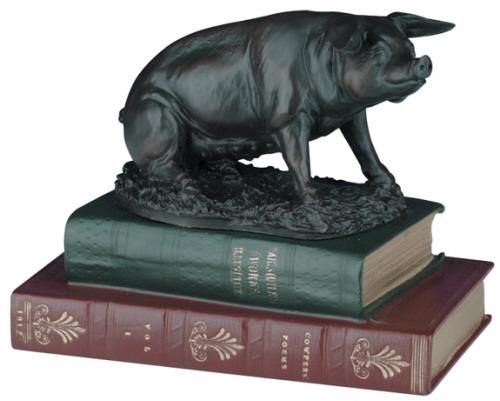 Sculpture Traditional Antique Pig on Books Cast Resin Hand-Painted Hand-Cast