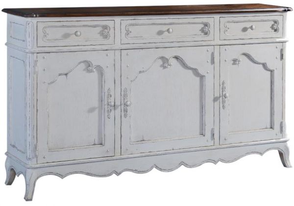 Server Sideboard French Provincial Antiqued White Pecan Scalloped 3Door Wood