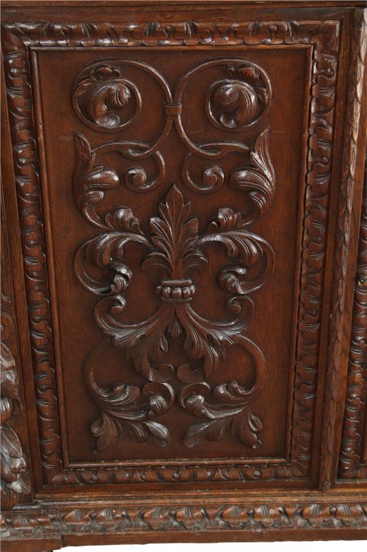 Server Sideboard French Renaissance Vintage 1920 Heavily Carved Oak Winged Figures