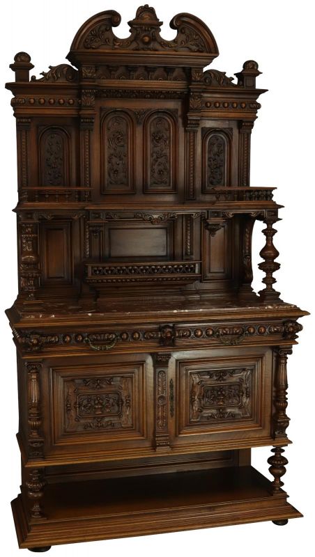 Server Sideboard Renaissance Antique French 1890 Carved Walnut Marble Signed LaLaurette