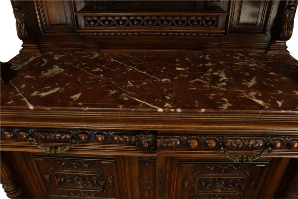Server Sideboard Renaissance Antique French 1890 Carved Walnut Marble Signed LaLaurette