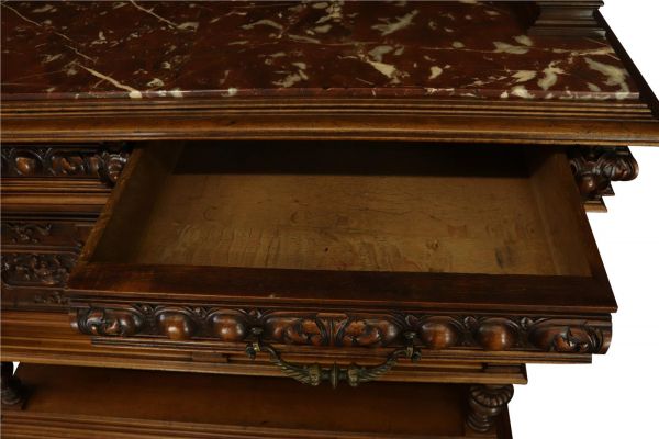 Server Sideboard Renaissance Antique French 1890 Carved Walnut Marble Signed LaLaurette