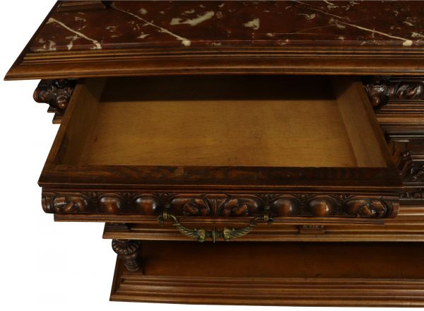 Server Sideboard Renaissance Antique French 1890 Carved Walnut Marble Signed LaLaurette