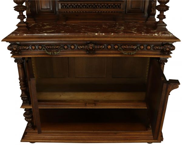 Server Sideboard Renaissance Antique French 1890 Carved Walnut Marble Signed LaLaurette