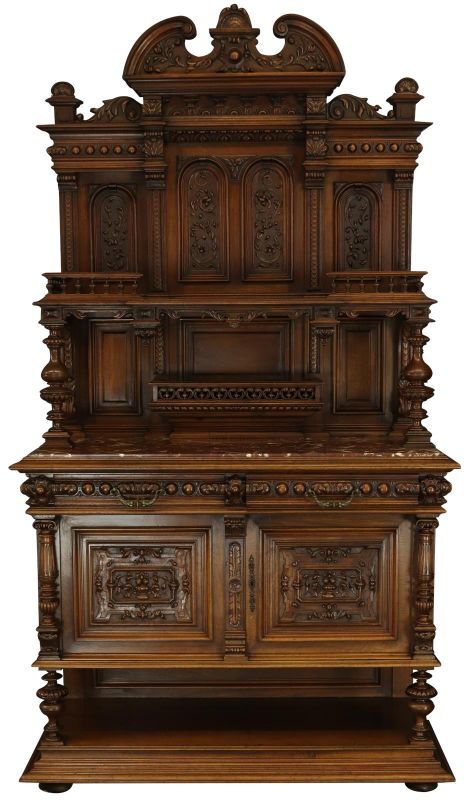 Server Sideboard Renaissance Antique French 1890 Carved Walnut Marble Signed LaLaurette