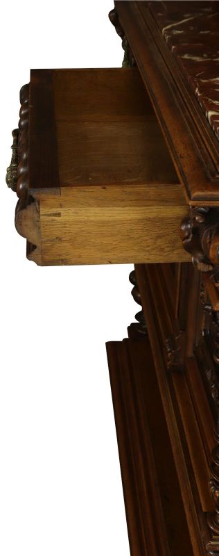 Server Sideboard Renaissance Antique French 1890 Carved Walnut Marble Signed LaLaurette