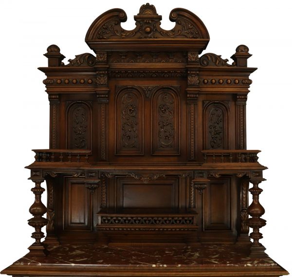 Server Sideboard Renaissance Antique French 1890 Carved Walnut Marble Signed LaLaurette