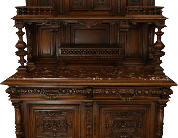 Server Sideboard Renaissance Antique French 1890 Carved Walnut Marble Signed LaLaurette