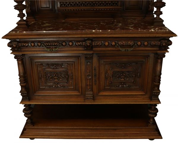 Server Sideboard Renaissance Antique French 1890 Carved Walnut Marble Signed LaLaurette