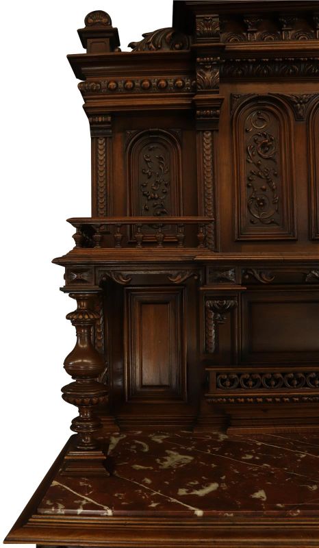 Server Sideboard Renaissance Antique French 1890 Carved Walnut Marble Signed LaLaurette