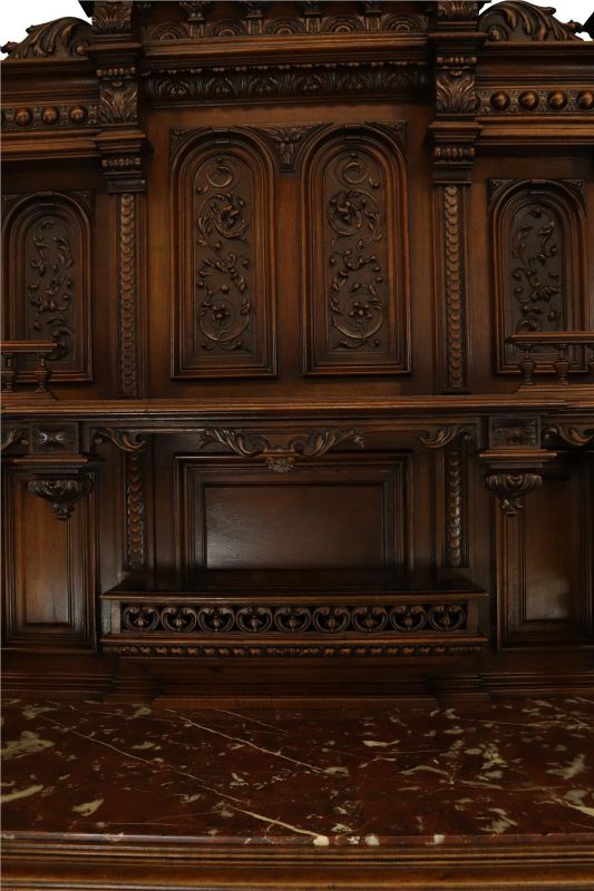 Server Sideboard Renaissance Antique French 1890 Carved Walnut Marble Signed LaLaurette