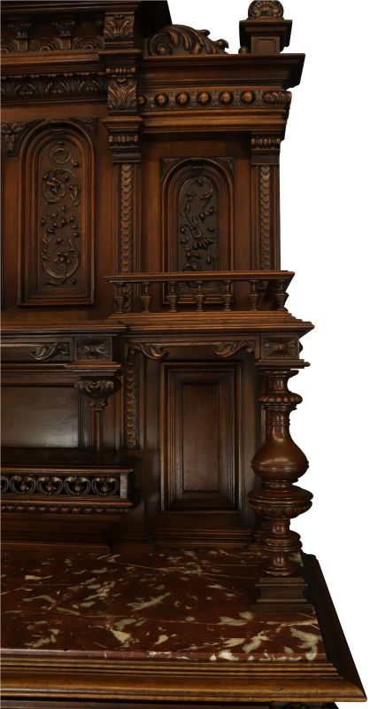 Server Sideboard Renaissance Antique French 1890 Carved Walnut Marble Signed LaLaurette