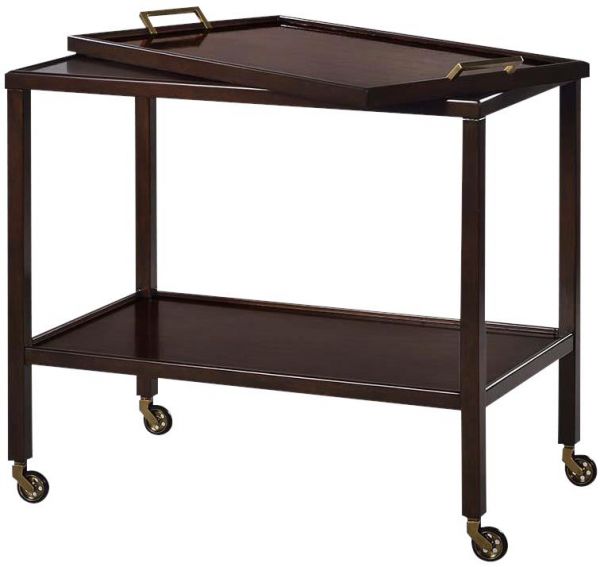 Serving Cart Kitchen Removable Tray Hand-Rubbed Dark Brown Wood Brass