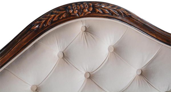 Settee Caroline Hand-Carved Antiqued Wood Beige Velvet Button Tufted Upholstery