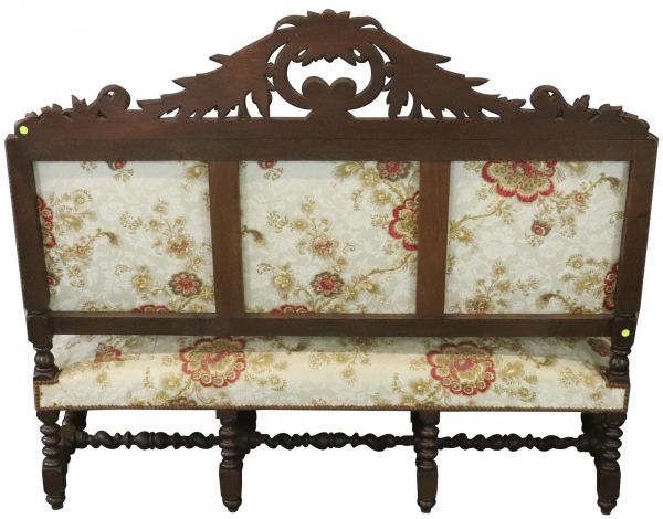 Settee Renaissance Hunting French Antique 1880 Carved Oak  Floral Upholstery