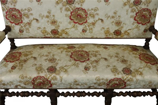 Settee Renaissance Hunting French Antique 1880 Carved Oak  Floral Upholstery