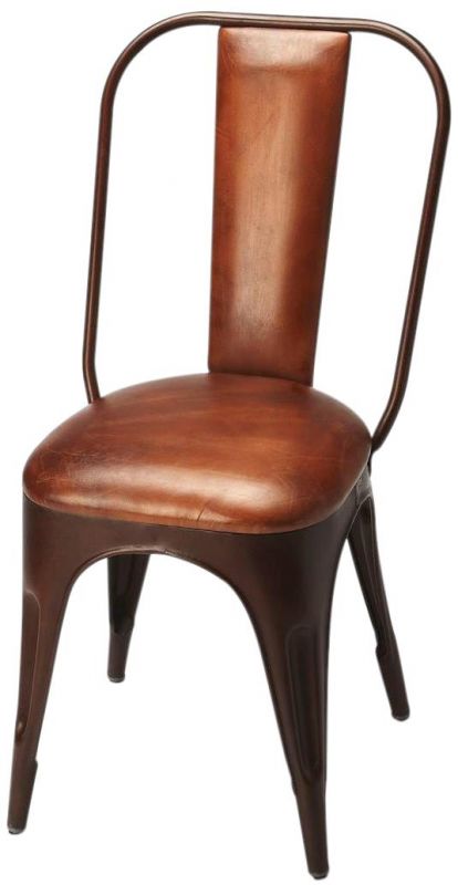 Side Chair Accent Dining Natural Brown Distressed Leather Iron Bronze Ta