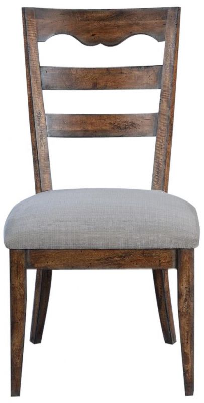 Side Chair Dining Portico Rustic Pecan Wood  Swedish Moss Accents  Gray Linen