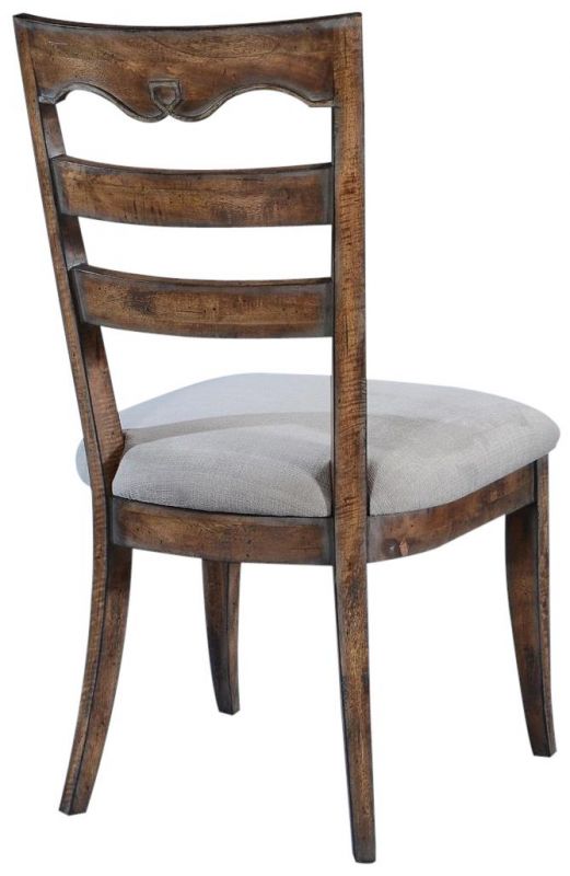 Side Chair Dining Portico Rustic Pecan Wood  Swedish Moss Accents  Gray Linen