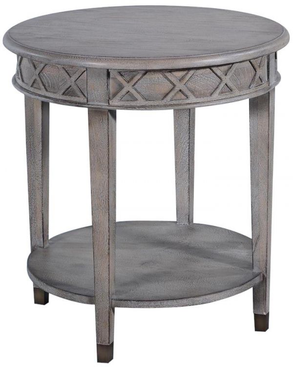 Side Table Anna Round Greige Solid Wood Lower Tier Antiqued Brass Caps