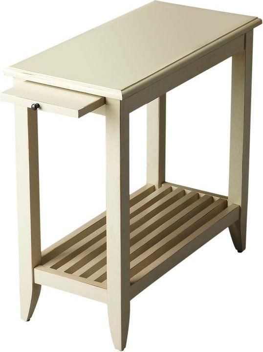 Side Table Distressed Cottage White Rubberwood Birch 1 -Shelf Pull-Out