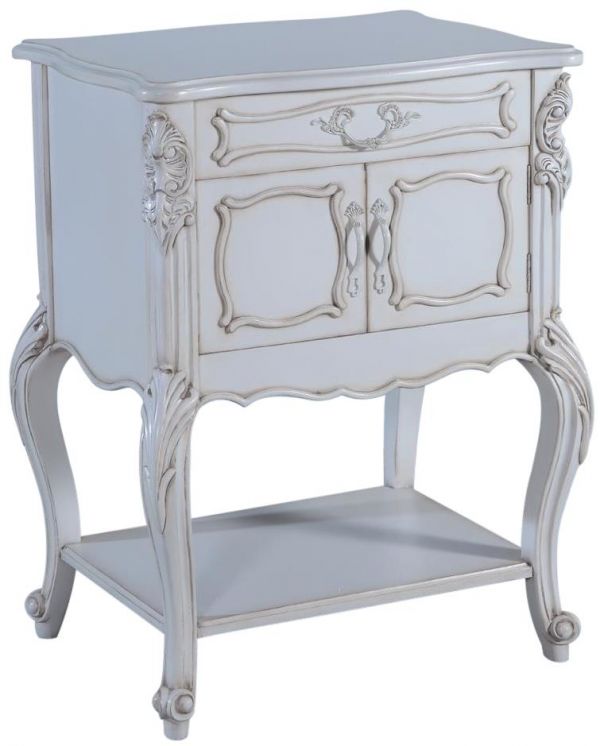 Side Table Louis XV Rococo Pretty Hand Carved Distressed White 1-Drawer 2-Doors