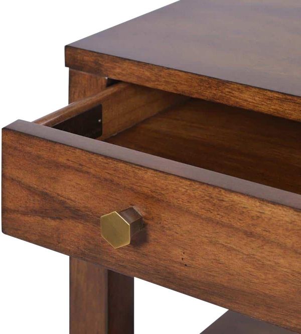 Side Table Wide Rectangular Drawer 2 Shelves Hand-Rubbed Wood Brass