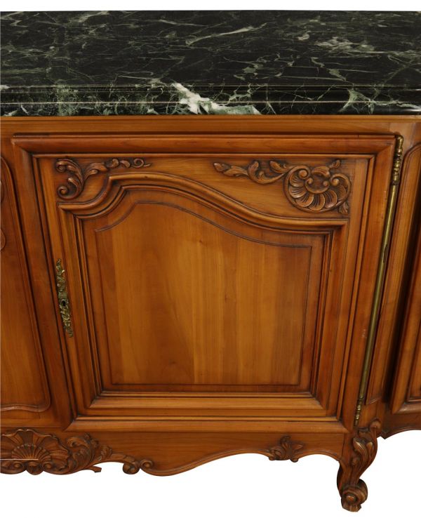 Sideboard Louis XV Rococo Vintage 1950 Green Marble Top Walnut Wood French