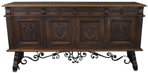 Sideboard Renaissance Carved Oak Ornate Wrought Iron French 1950 4Door 4Drawer