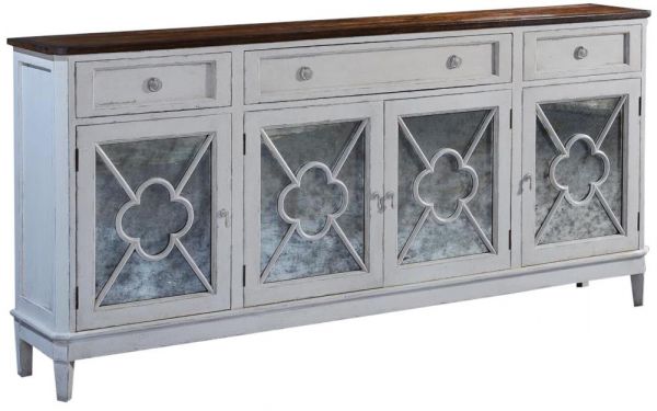 Sideboard Wilcox Antiqued White Wood Rustic Pecan Mirror 4-Doors 3-Drawers