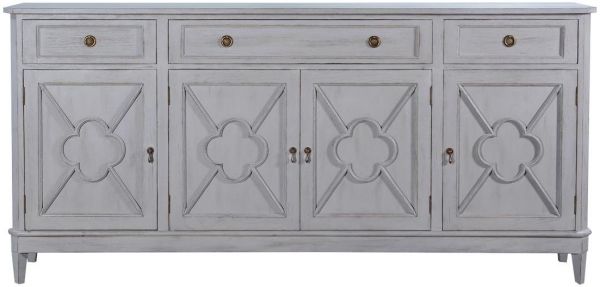 Sideboard Wilcox Pewter Gray Solid Wood Quatrefoil Panel 4-Doors 3-Drawers