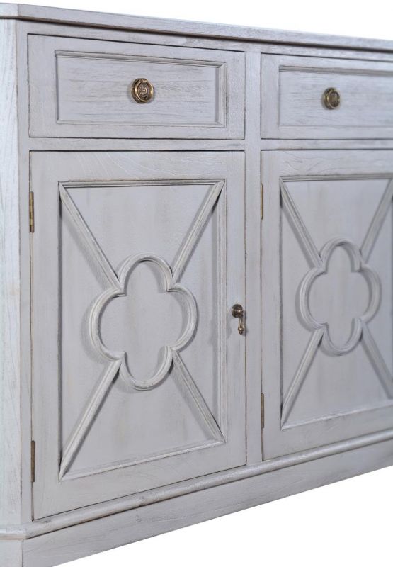 Sideboard Wilcox Pewter Gray Solid Wood Quatrefoil Panel 4-Doors 3-Drawers