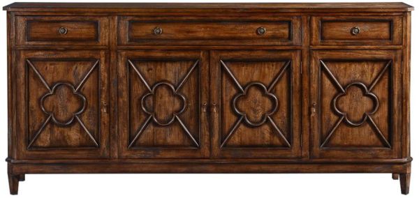 Sideboard Wilcox Rustic Pecan Solid Wood Quatrefoil 4-Doors 3-Drawers