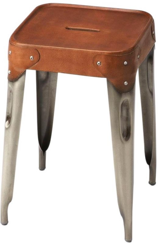 Stool Brown Distressed Iron Leather Bronze Tabacco