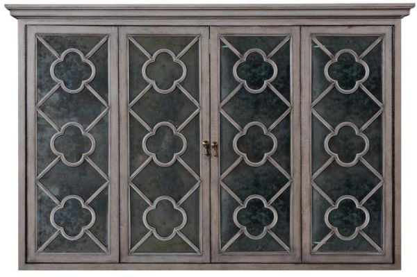 TV Cabinet Wilcox Greige Old World Distressed Wood Mirror Bi-Fold Doors